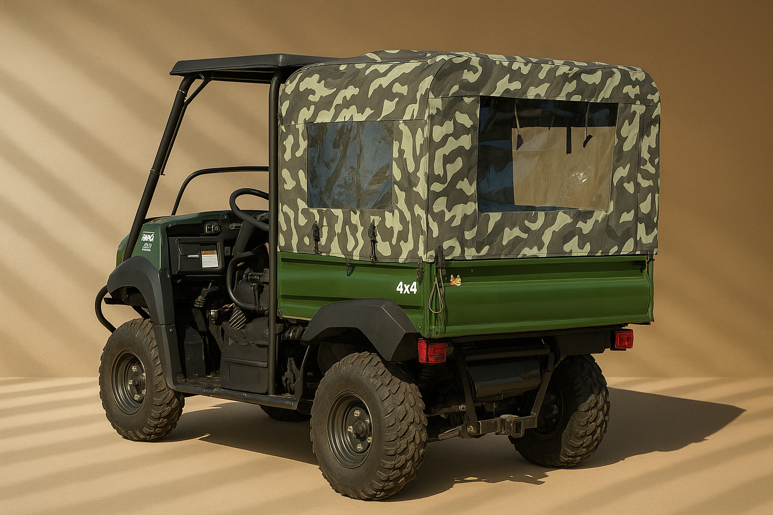 Green utility vehicle with camouflage cover on a beige background