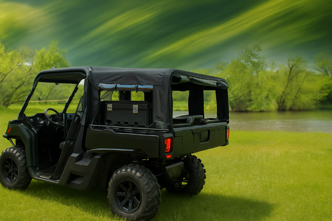 Black off-road vehicle on grass with a scenic background